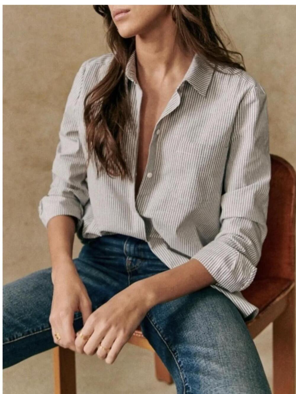 Sezane Tomboy Shirt Size 4 Ecru / Sky Blue stripes Button Down Cotton